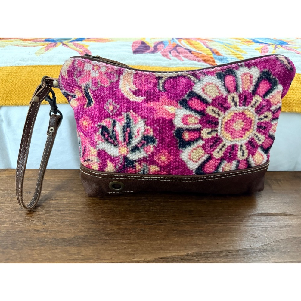 Myra Bag Matchless Pouch Pink Floral Rug Canvas Leather Wristlet Bag